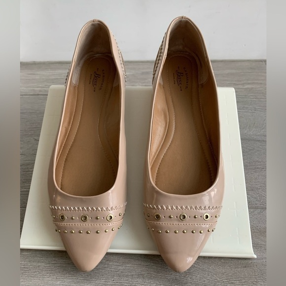 G.H. Bass Layla Beige Faux Patent Leather Flats with Gold Studs/Embellishments - Picture 2 of 11
